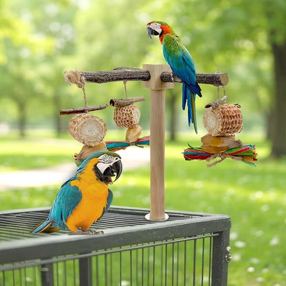 2-Pack 360° Rotating Parrot Perch Toy with Chew Toy, Natural Wooden Perch Stand, Bird Cage Accessory with Exercise Wheel for Small & Medium Birds Like Parrot Finches Muscicapidae etc, US