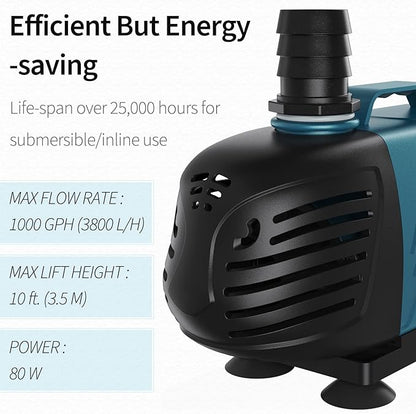 Uniclife Aquarium 1000 GPH Submersible and Inline Water Pump 80W 10ft High Lift AC 120 V Quiet Return Pump with 10 ft. Power Cord for Large Fish Tanks Pond Waterfalls Fountains Sumps and Gardens