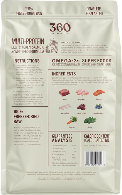 360 Pet Nutrition Freeze-Dried Raw Dog Food – Multi-Protein with Beef, Chicken, Fish, Liver & Organs, High Protein, Omega-3s, Fruits, Veggies & Superfoods, Grain-Free, No Fillers, 3 lb – Made in USA