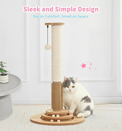 Made4Pets Cat Scratching Post Premium Sisal Cat Scratcher Kitten Toys for Indoor Kittens 28.3" Tall Cat Tower Scratch Post Cat Tree Wooden Interactive Ball Track Cat Toy with Hanging Ball, Beige