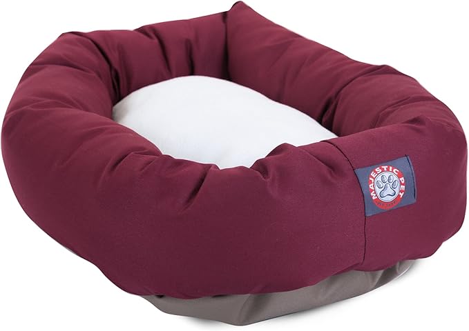 Majestic Pet 24 Inch Poly-Cotton Sherpa Calming Dog Bed Washable 24x18x7 (inch)  Cozy Soft Round Donut Dog Bed with Spine for Head Support - Pet Bed Small - Burgundy
