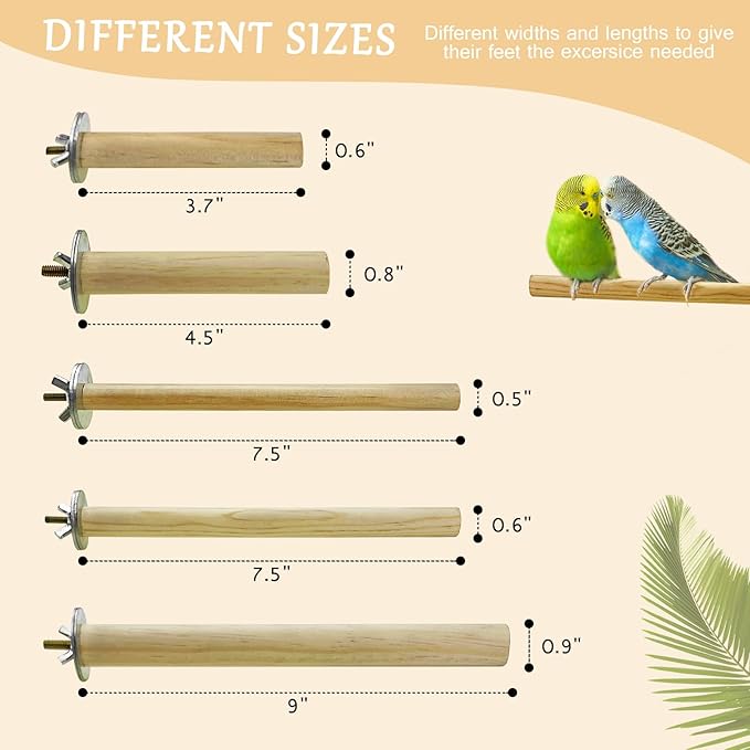 S&X Bird Perch, 5 PCS of Natural Wood Perches with Different Widths and Lengths for Budgies, Parakeets, Canaries, Cockatiels, Conures, Finches & Other Small Birds