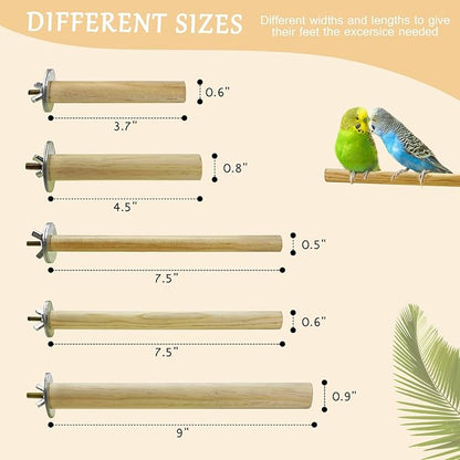S&X Bird Perch, 5 PCS of Natural Wood Perches with Different Widths and Lengths for Budgies, Parakeets, Canaries, Cockatiels, Conures, Finches & Other Small Birds