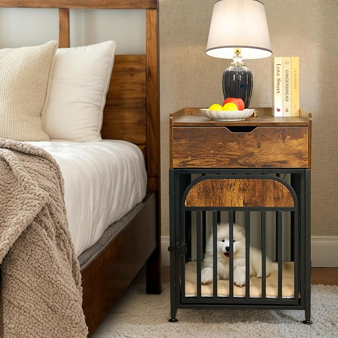 Dog Crate Furniture for Small Dogs, Chew-Proof Steel-Tube Dog Cage, Indoor Pet Crate End Table with Pet Mat, Decorative Dog Kennel with Drawer