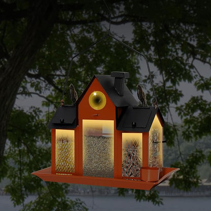 Solar Bird Feeders House for Outdoors Hanging, 7LBS Large Capacity Metal Wild Bird Feeder Squirrel Proof for Outside with Water Cup, Cardinal Birdfeeder Birdhouses Gift for Bird Lovers (Orange)