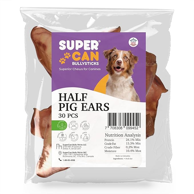 SUPER CAN BULLYSTICKS Half Pig Ears for Dogs (30 Count) All Natural Dog Treats Pig Ears - Healthy Dog Treats - Pig Ears for Dogs Large - Natural Dog Chews - Pigs Ears for Large Dogs, Medium & Small