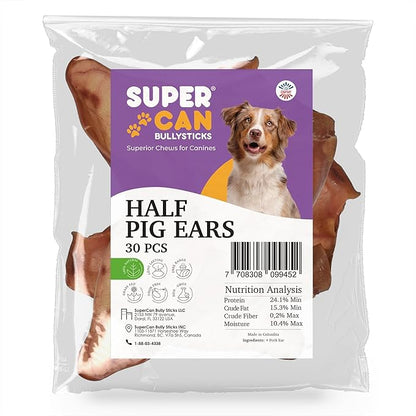 SUPER CAN BULLYSTICKS Half Pig Ears for Dogs (30 Count) All Natural Dog Treats Pig Ears - Healthy Dog Treats - Pig Ears for Dogs Large - Natural Dog Chews - Pigs Ears for Large Dogs, Medium & Small