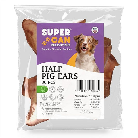 SUPER CAN BULLYSTICKS Half Pig Ears for Dogs (30 Count) All Natural Dog Treats Pig Ears - Healthy Dog Treats - Pig Ears for Dogs Large - Natural Dog Chews - Pigs Ears for Large Dogs, Medium & Small