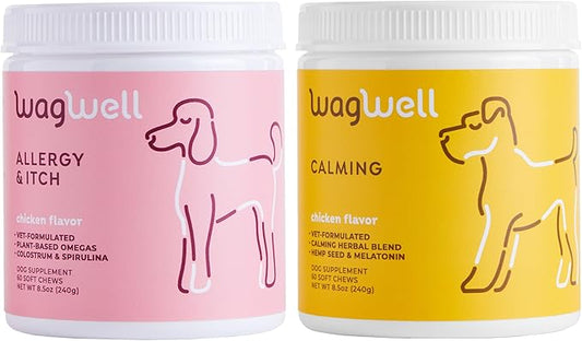 WagWell Allergy and Itch Chews & Calming Chews Bundle - Itch Relief and Digestive Health - Anxiety Relief