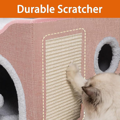 Cat Houses for Indoor Cats - Large Cat Bed Cave with Scratch Pad and Fluffy Ball, Foldable Cat Condo Hideaway with Reversible Cushion for Multi Small Pet, Pink
