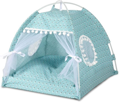 Gigreinc Cat Princess Indoor Tent House Pet Dog Cute Flower Cave Nest Bed Kitten Tent Suitable for Samll Dogs (M:38x38x36cm/15x15x14inch, Flower Green)