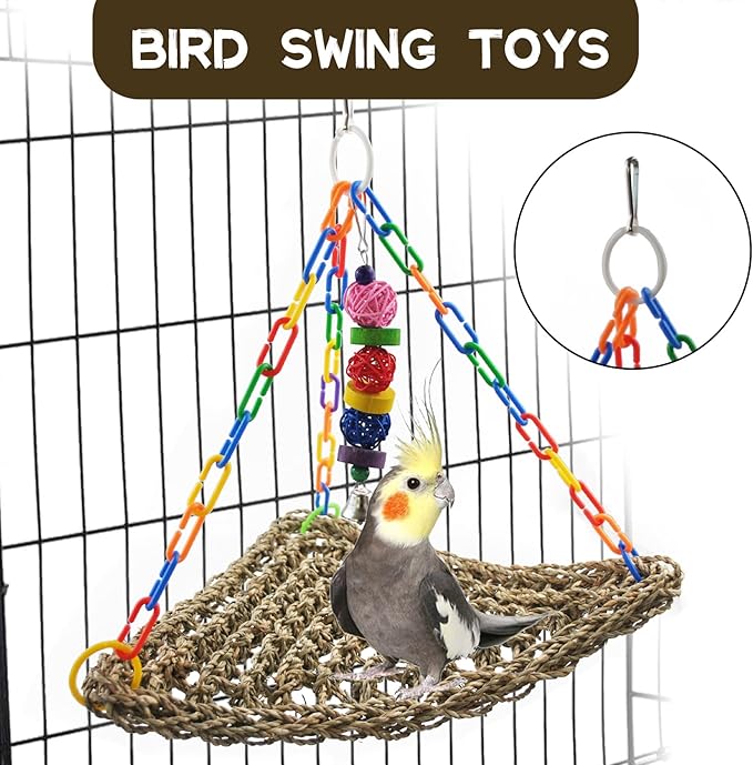 Bird Swing Toys,Parakeet Seagrass Mat,Edible Triangle Seagrass Hammock with Color Toys Handmade Woven Natural Grass Net Hanging on Parrot Cage for Budgies Lovebird Canary Cockatiel Finch Hamster