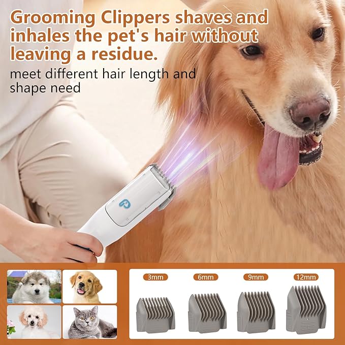 IDEALHOUSE Dog Hair Vacuum and Grooming Kit, 2L Dust Cup with 5 Grooming Tools, High Suction Power for Shedding Pet Hair, Low Noise for Stress-Free Grooming, Home Cleaning, White and Orange