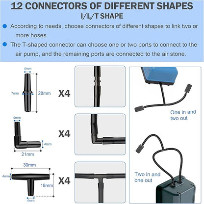 aquarium air pump accessories set-9.84/26.25/101.71 feet aquarium airline tubing hose,check valves,air stones and connectors of I,L,T shape (26.25 feet hose 8 stone 8 check valve 12 connector)