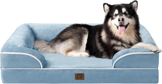 EHEYCIGA Orthopedic XL Dog Beds, Waterproof Memory Foam Dog Bed for Extra Large Dogs, Non-Slip Bottom and Egg-Crate Foam Big Dog Couch Bed with Washable Removable Cover, Washed Blue