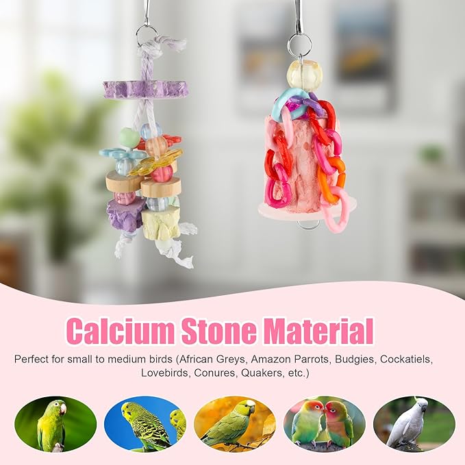 2PCS Bird Beak Grinding Stone, Calcium Stone Parrot Chew Toys Cage Hanging Bite Accessories for Hamster, Budgies, Parakeets, Cockatiels, Conures