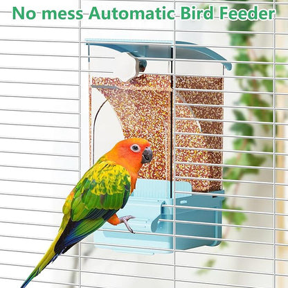Hamiledyi Automatic Bird Feeder No Mess Bird Cage Feeder Transparent Acrylic Parrot Seed Food Container with Perch Cage Accessories for Parakeet Finch Lovebirds Budgies Canary (Blue)