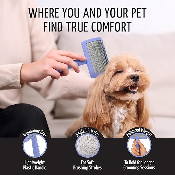 Tauro Pro Line Plastic Long & Short Hair Slicker Dog Brush for Deshedding & Detangling - Purple Slicker Brush for Dog & Cat Grooming - Rectangular, Flexible Cushion & Non-Slip Grip