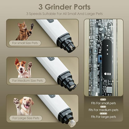 Dog Nail Grinder, Upgrade IP67 Waterproof 3-Speed LED Light-Small Medium and Large Cat and Dog Nail Trimmers Super Quiet, Rechargeable Pet Painless Nail Grinder, White