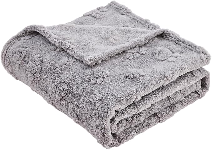 Qeils Jacquard Dog Blankets for Large Dogs, Cozy Calming Cat Blankets Washable, 280GSM Coral Fleece Plush Fluffy Throw Blanket, Grey Paws, 30x40IN
