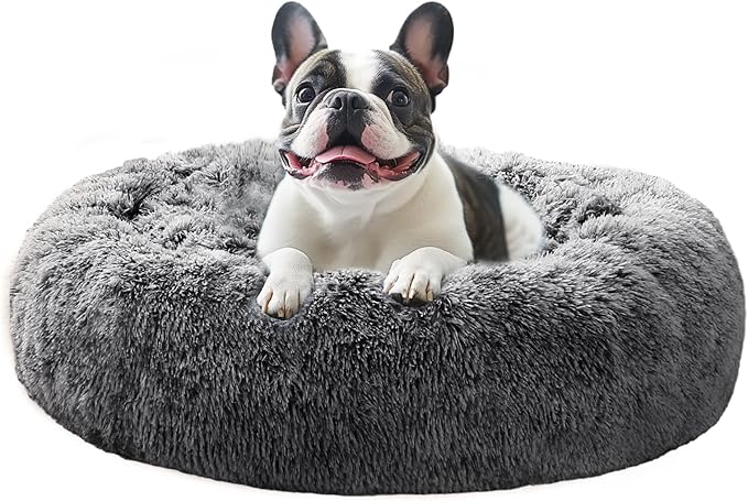 JOLLYVOGUE Donut Dog Bed for Large Dogs, Anti-Anxiety Washable Round Large Pet Bed, Calming Donut Dog Bed for Sleeping, Fluffy Dog Beds for Large Dogs, Round Bed for Indoor Pet (36"/Smoke Black