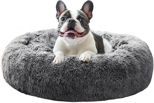 JOLLYVOGUE Donut Dog Bed for Large Dogs, Anti-Anxiety Washable Round Large Pet Bed, Calming Donut Dog Bed for Sleeping, Fluffy Dog Beds for Large Dogs, Round Bed for Indoor Pet (36"/Smoke Black
