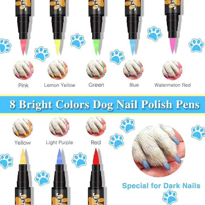 Quick Dry Dog Nail Polish, 8 Neon Brightness Colors Dog Nail Polish Pens Non Toxic Pet Safe Soft Brush Tip Nail Polish Markers for Dog Cat Horse Pig or other Small Pets
