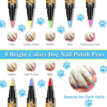Quick Dry Dog Nail Polish, 8 Neon Brightness Colors Dog Nail Polish Pens Non Toxic Pet Safe Soft Brush Tip Nail Polish Markers for Dog Cat Horse Pig or other Small Pets