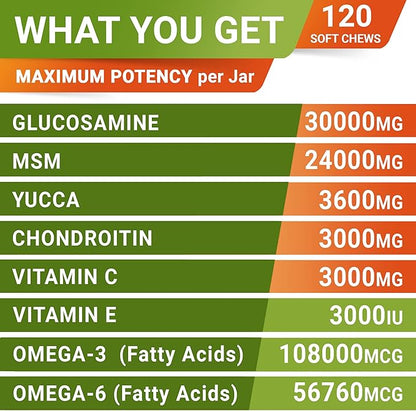 Glucosamine Treats for Dogs - Joint Supplement w/Omega-3 Fish Oil - Chondroitin, MSM - Advanced Mobility Chews - Joint Pain Relief - Hip & Joint Care - Peanut Butter Flavor - 120 Ct