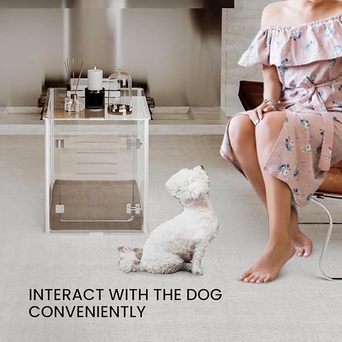 Sumerflos Acrylic Dog Crate Furniture - Clear Dog Kennel End Table for Small & Medium Dogs Up to 45lb Indoor Lockable Heavy-Duty Ventilated, 29.92" L x 20.08" W x 22.24" H