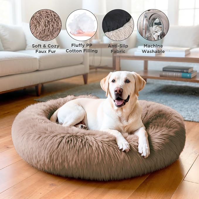 Large Donut Dog Bed, Calming Dog Bed Washable Ideal for Small to Large Dogs and Cats & Round Dog Bed,Anti-Anxiety Multiple Sizes (Brown, Combo Large (37.5" L x 37.5" W x 8.5" Th))