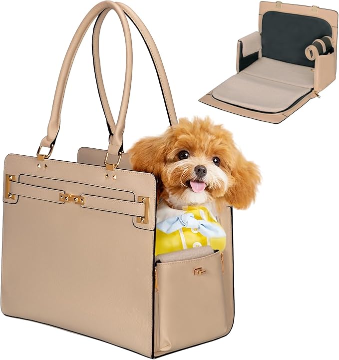 2-in-1 Stylish Dog Purse Carrier Soft-Sided Carriers Travel Tote Bag for Small Dogs Cats, Fashion Foldable Pet Bag for Puppies Small Animals with Pockets (Khaki, 15" L x 7.5" W x 12.2" H)