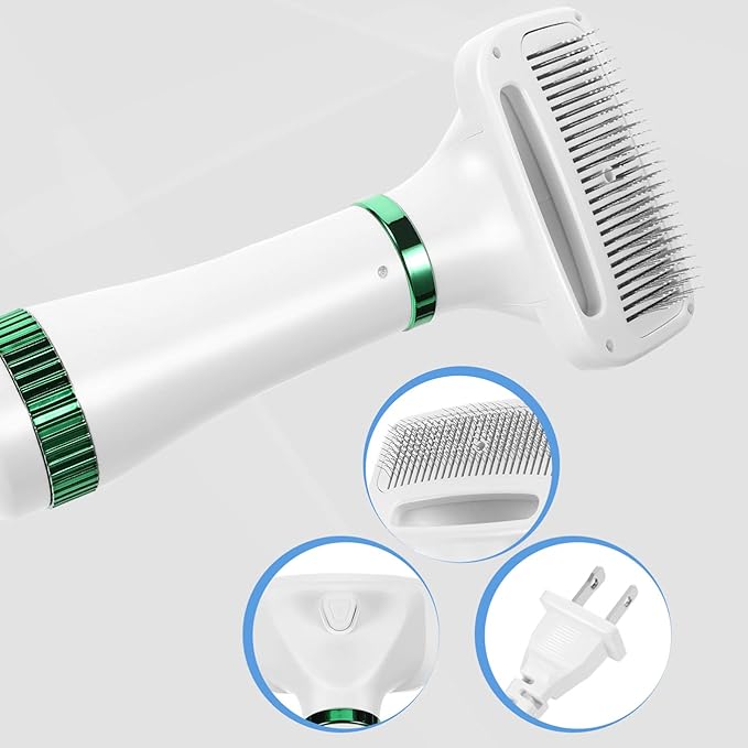 2 in 1 Dog Hair Dryer Comb Pet Hair Dryer with Slicker, Professional Home Grooming Dryer Brush Furry Drying Blower for Small Large Cat Dog White, 3 Temperature Settings
