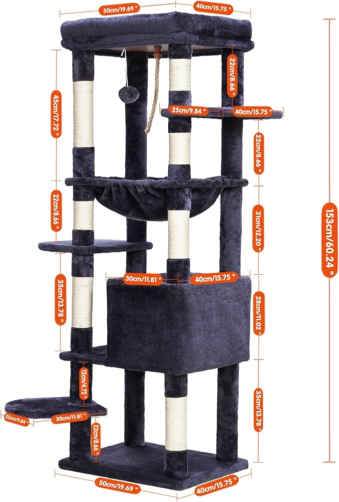Heybly Cat Tree for Large Cats 20lbs Heavy Duty, 60 inches XXL Cat Tower for Indoor Cats, Multi-Level Furniture Condo with Big Padded Plush Perch, Cozy Basket, Smoky Gray HCT050G