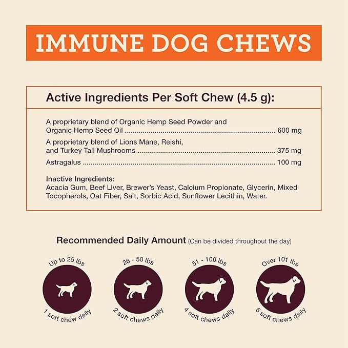 Hemp Well Immune - Digestion + Gut Support - Dog Soft Chews with Functional Mushrooms - 60 Count, Dog Supplements for Digestive and Skin Support