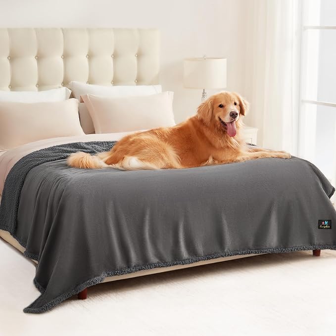 Luciphia Waterproof Bed Blanket Washable, Soft Sherpa Fleece Puppy Reversible Throw Blankets for Medium Large Dog Cat, Furniture Cover Protector Couch from Liquid Pee and Pet Fur, Light Grey,85" x 57"