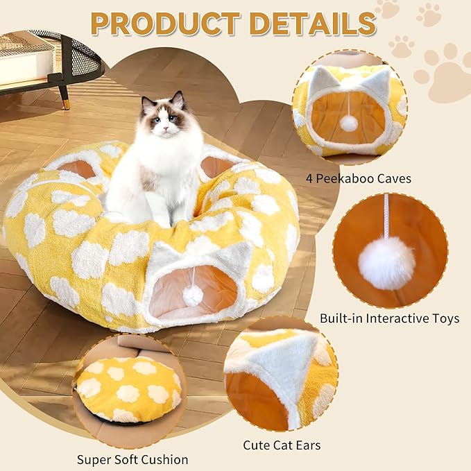 Donut Cat Tunnel Bed for Indoor Cats - 2-in-1 Kitty Playhouse with Cozy Hideout, Durable Pet Caves for Multiple Kittens, Washable Cushion and Collapsible Design
