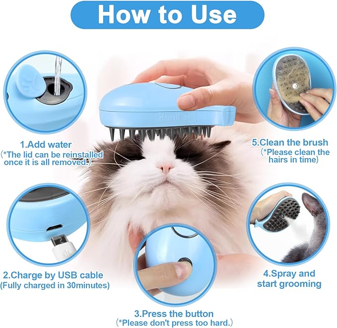 Nepfaivy Cat Steam Brush for Shedding - 3 in 1 Pet Steam Brush for Dog and Cat, Rechargeable Steamy Cat Brush, Spritz Defur Comb for Cats, Steamer Brush for Massage, Grooming and Removing Loose Hair