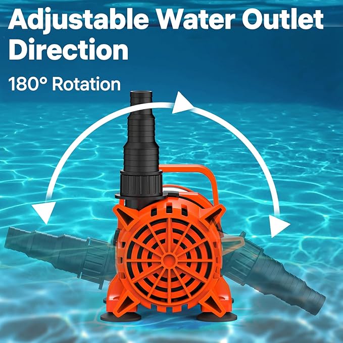 DOKO 3100GPH Submersible Water Pump, 180° Ajustable Pond Pump with 20FT Power Cord 150W Ultra Quiet Aquarium Pump for Pond, Fountain, Waterfall, Fish Tank, Hydroponic, Statuary, Orange Black