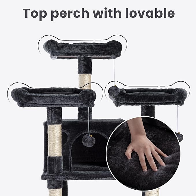 SHA CERLIN 68 Inches Multi-Level Large Cat Tree for Large Kitties/Big Cat Tower with Condo/Cozy Plush ‌Pussycat Perches/Sisal Scratching Posts and Hammocks/Activity Center/Dark Grey