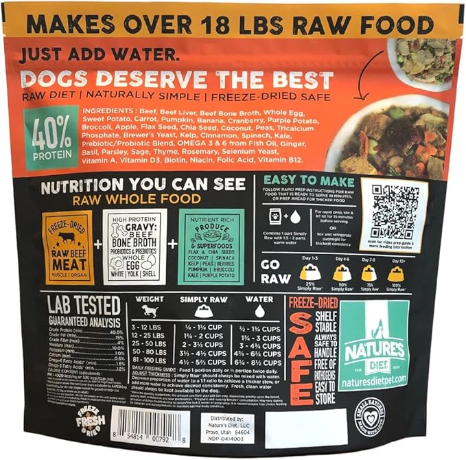 Nature's Diet Simply Raw® Freeze-Dried Raw Whole Food Meal - Makes 18 Lbs Fresh Raw Food with Muscle, Organ, Bone Broth, Whole Egg, Superfoods, Fish Oil Omega 3, 6, 9, Probiotics & Prebiotics (Beef)