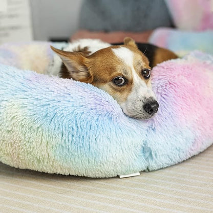 Anti Anxiety Round Fluffy Plush Faux Fur Warm Washable Dog Bed & Cat Bed, Original Bed for Small Medium Large Pets,Used to Relieve Joints and Improve Sleepï¼20"/24"/27''ï¼ (27", Rainbow)