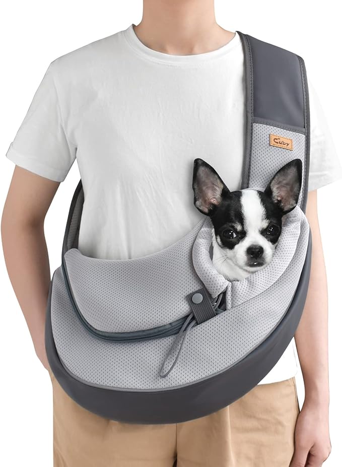 Cuby Pet Dog Sling Carrier for Small Dogs Cats,Drawstring & Zipper & Special Security Hook Triple Designs for Pets' Securty,Breathable Mesh Travel Dog Carrier Slings with Adjustable Strap (L, Grey)