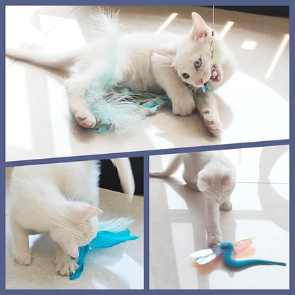 SONGWAY Cat Wand Toys for Indoor Cats - Cat Toy Set with Retractable Teaser Wand and 6 PCS Fairy Feather Toy Refills, Dragonfly Tassel Plush Cat Toys Interactive, Blue