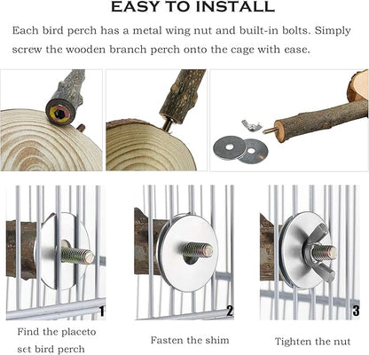 Allazone 4 PCS Natural Wood Bird Perch Stand, Bird Parrot Perch Stand Set, Wooden Parrot Perch Stand Perch Platform Cage Accessories for Parrotlets Cockatiels Budgies Parakeets