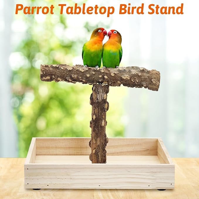BNOSDM Portable Bird Perch Stand with Potty Tray, Natural Wood Tabletop Training Gym Parrot Playground Toy for Budgies, Cockatiels, Lovebirds,Conures