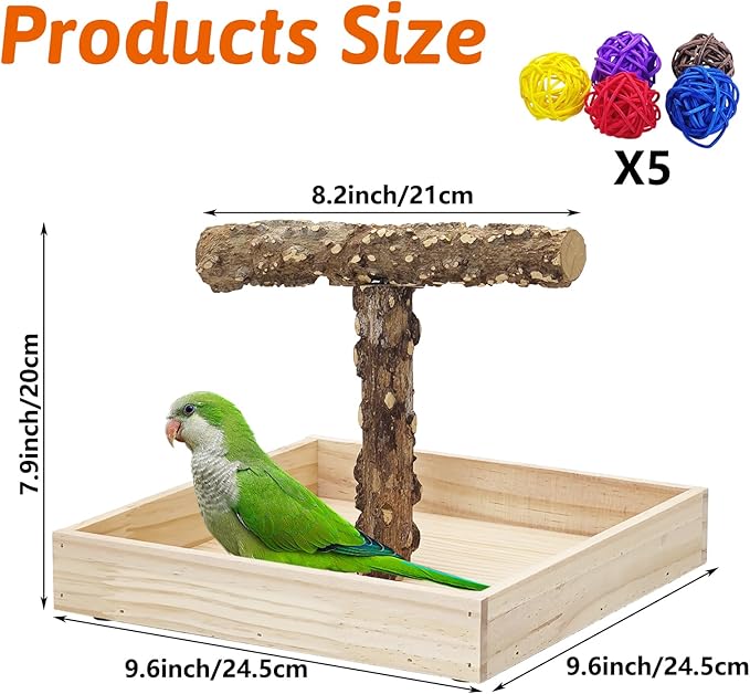 BNOSDM Portable Bird Perch Stand with Potty Tray, Natural Wood Tabletop Training Gym Parrot Playground Toy for Budgies, Cockatiels, Lovebirds,Conures