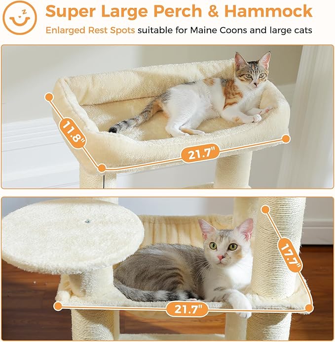 PETEPELA Cat Tree for Large Cats up to 30 lbs, 58" Heavy Duty Cat Tower with Reinforced Scratching Posts[ φ3.9”], Large Hammock, Spacious Condo & Top Perch, Sturdy Cat Furniture for Maine Coons, Beige
