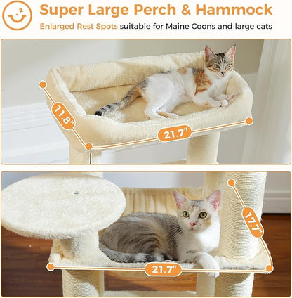PETEPELA Cat Tree for Large Cats up to 30 lbs, 58" Heavy Duty Cat Tower with Reinforced Scratching Posts[ φ3.9”], Large Hammock, Spacious Condo & Top Perch, Sturdy Cat Furniture for Maine Coons, Beige