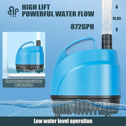 LYPHARD AQUARIUMS 85W Submersible Water Pump, 872GPH High Lift 10.8ft Aquarium Pumps for Fish Tank, Pond, Fountain, Hydroponics, Waterfall